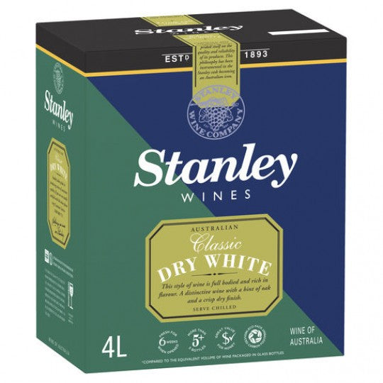 Paramount Stanley Classic Dry White Cask Wine in a 4L white cask with a simple label, ready for serving.