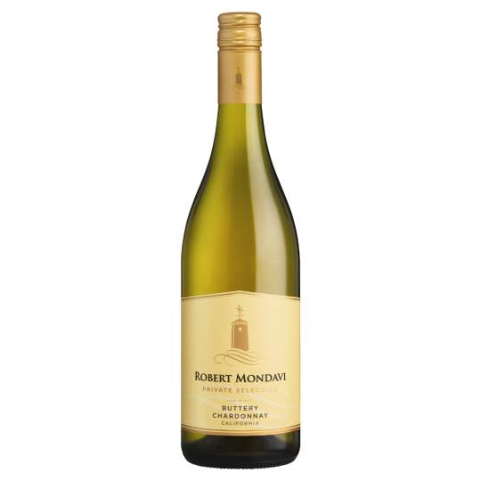 Bottle of Robert Mondavi Buttery Chardonnay white wine by Paramount, 750ml, with a label featuring gold accents and elegant design.