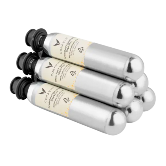 Paramount Coravin Sparkling Wine CO2 Gas Capsules 6-pack for wine closure system, with capsules and packaging visible.