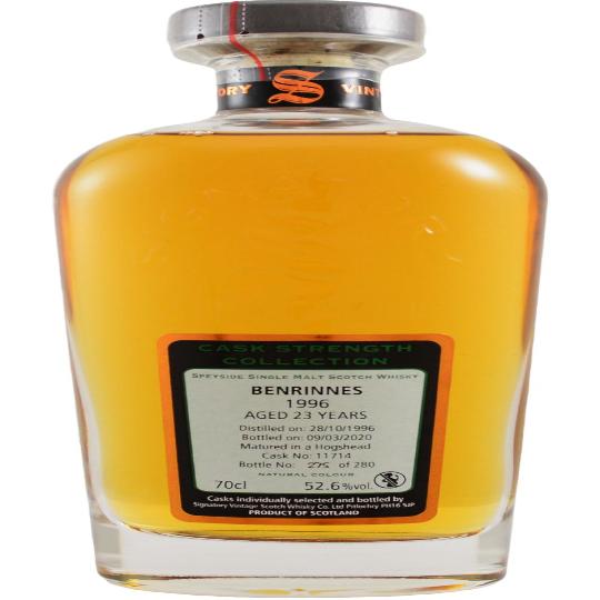 Benrinnes 1996 aged 23 years single malt Scotch whisky bottle from Spirit Company, with label and amber liquid visible.