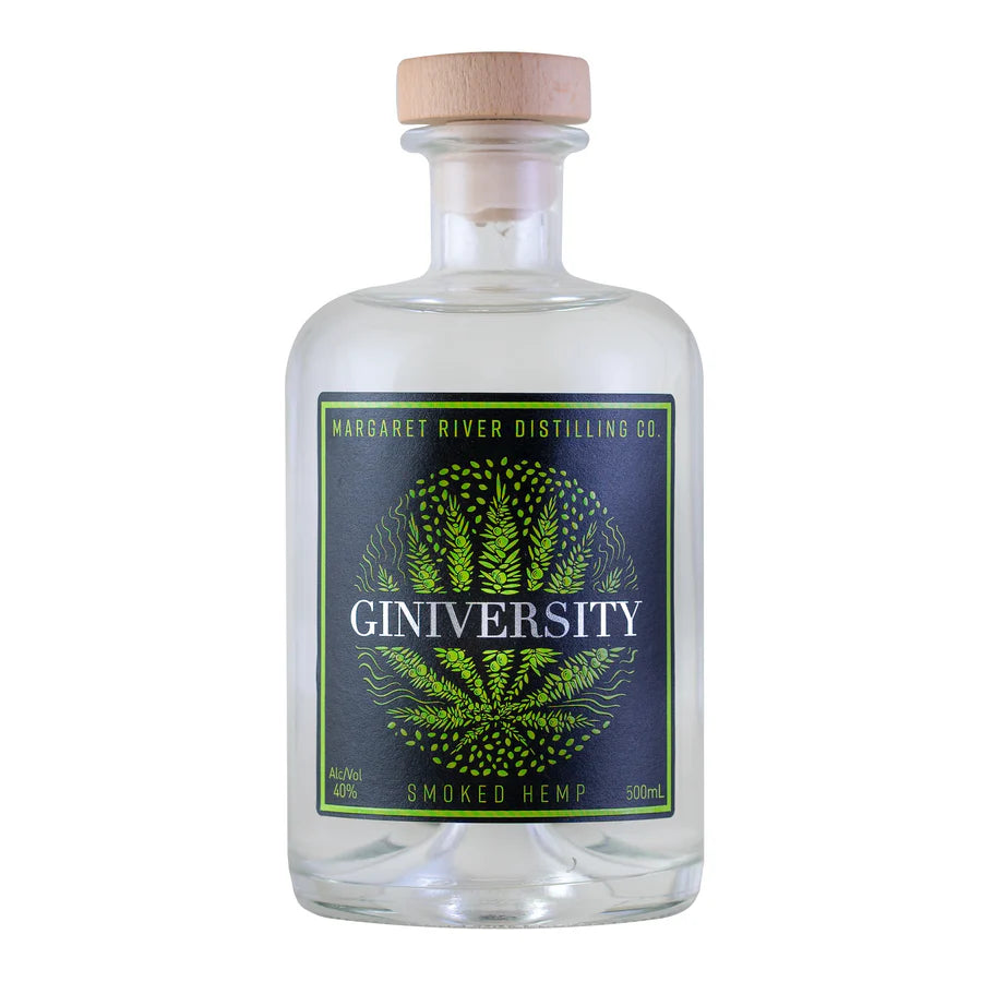 Bottle of Giniversity Smoked Hemp Australian Gin by The Spirits Company, 500ml, with dark label and clear glass bottle.