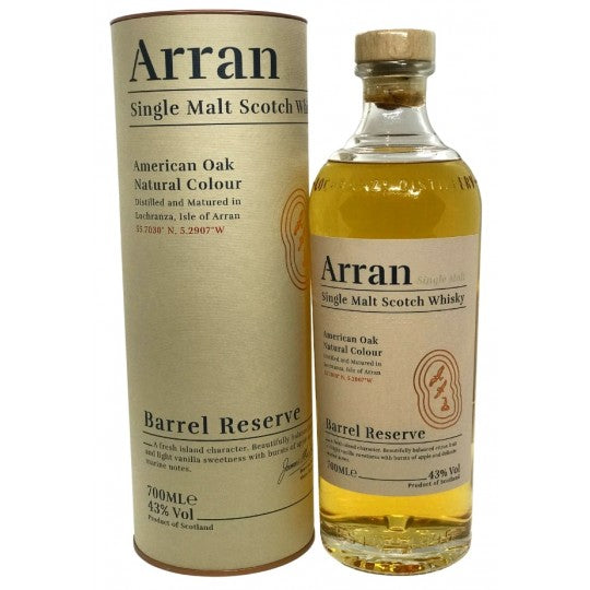 Arran Barrel Reserve Single Malt Scotch Whisky bottle from The Spirits Company, 700ml, with a dark label and wooden cap.