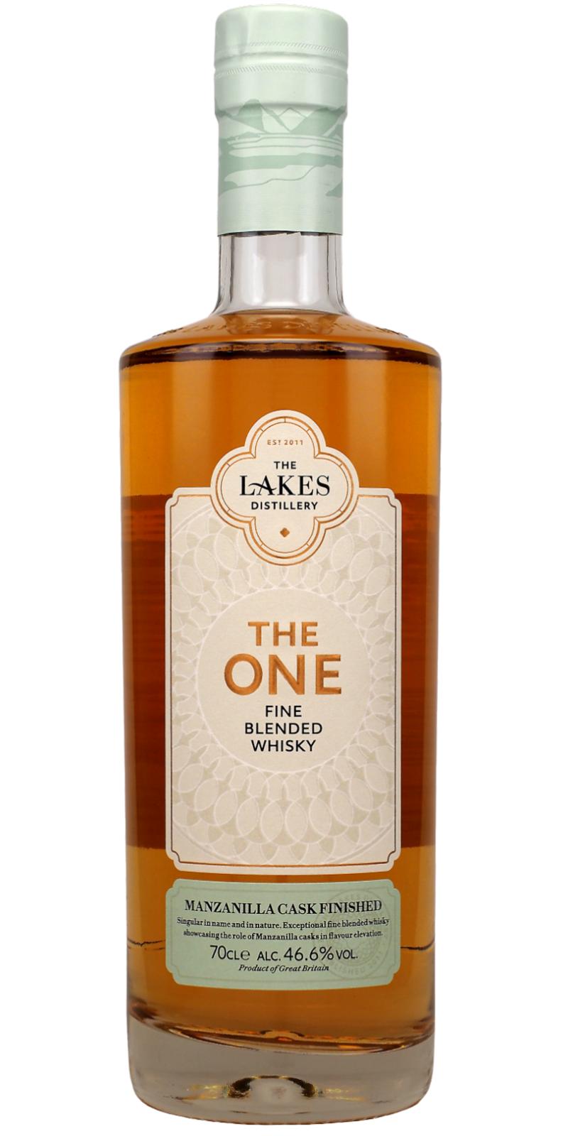 Single malt whisky from The Spirits Company, The Lakes The One Manzanilla Cask Finish, 700ml bottle with rich amber liquid.