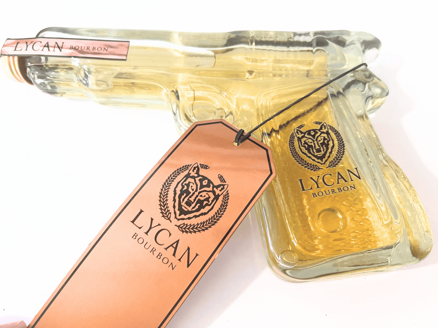 Lycan Bourbon collectible pistol-shaped bottle showcasing rich oak and vanilla notes.