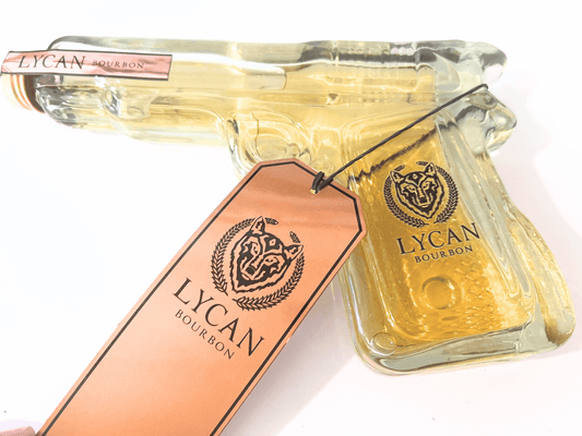 Lycan Bourbon collectible pistol-shaped bottle showcasing rich oak and vanilla notes.