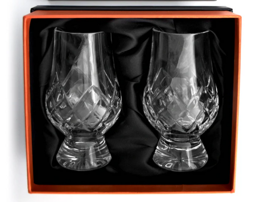 Two Alba Whisky Glencairn Cut Crystal 'Tartan' mixer glasses in a presentation box, showcasing elegant crystal design.