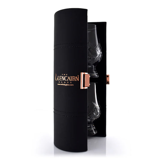 Two Alba Whisky Glencairn Cut Crystal Tartan mixer glasses in a travel case, designed for whisky tasting and sipping.