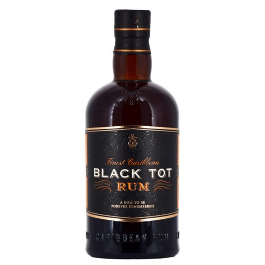 Black Tot Finest Caribbean Rum 700ml bottle from Alba Whisky, with dark label and rich amber color in a glass bottle.