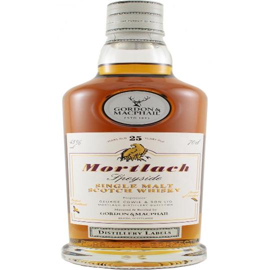 Gordon & Macphail Labels Mortlach 25 Year Old Single Malt Whisky 700ml bottle with detailed label and packaging.