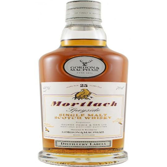 Gordon & Macphail Labels Mortlach 25 Year Old Single Malt Whisky 700ml bottle with detailed label and packaging.