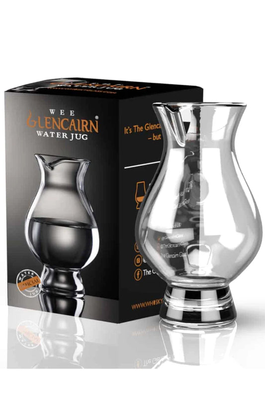 Alba Whisky Glencairn Crystal Wee Water Jug in printed gift box, clear glass with engraved branding, ideal for whiskey serving.