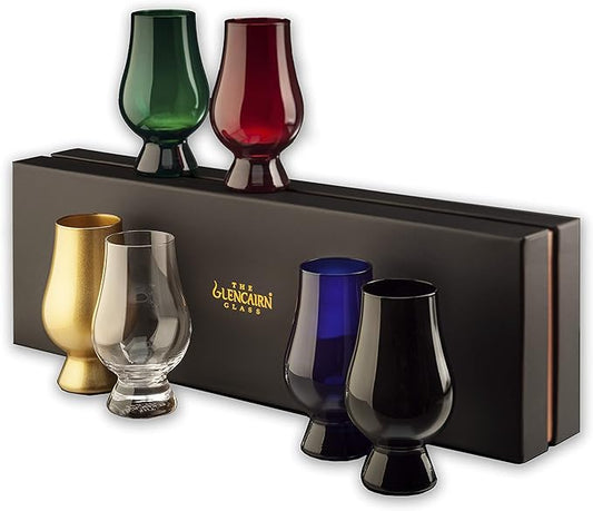 Alba Whisky Glencairn solid presentation box with six colorful whisky glasses, designed for tasting and display.
