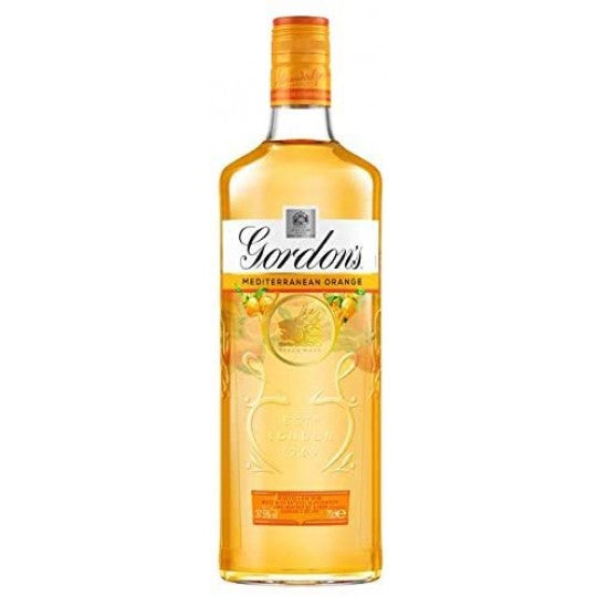 Bottle of ALM Gordon's Mediterranean Orange Gin in 700ml bottle, with orange slices and botanical ingredients visible.