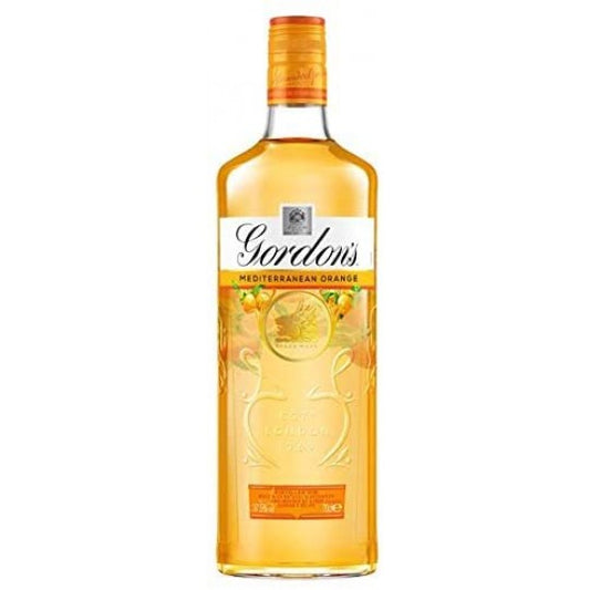 Bottle of ALM Gordon's Mediterranean Orange Gin in 700ml bottle, with orange slices and botanical ingredients visible.