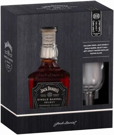 ALM Jack Daniel's Single Barrel Rye Whiskey 700ml with a glass, showcasing the whiskey bottle and glass on a neutral background.
