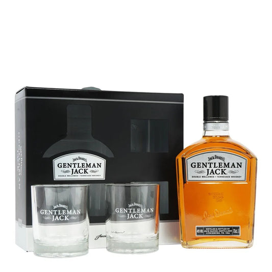 Jack Daniels Gentleman Jack Rye Whiskey 2-glass gift pack, 700ml bottle, with two branded whiskey glasses, presented in an elegant gift box.