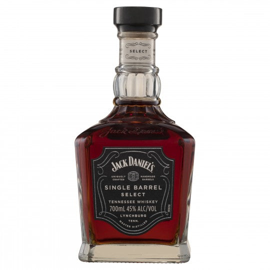 Jack Daniel's Single Barrel Select whiskey in a wooden cradle, 700mL bottle, displayed with its elegant packaging.
