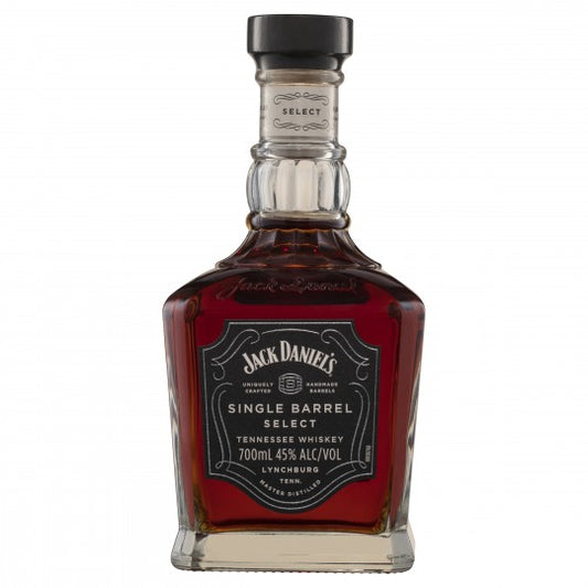 Jack Daniel's Single Barrel Select whiskey in a wooden cradle, 700mL bottle, displayed with its elegant packaging.