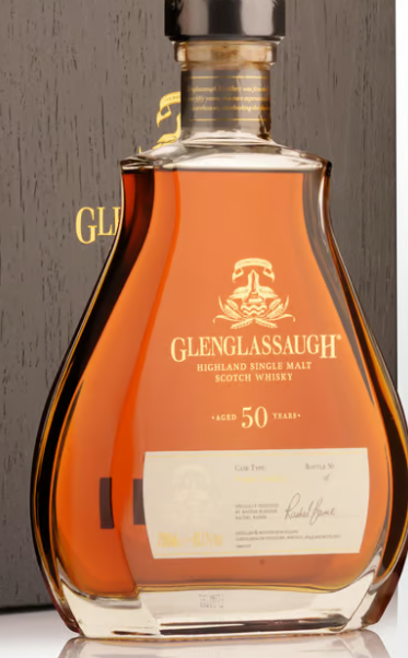 Bottle of Glenglassaugh 50 Year Old Highland Single Malt Scotch Whisky in 700ml bottle, featuring dark amber liquid and Scotch label.