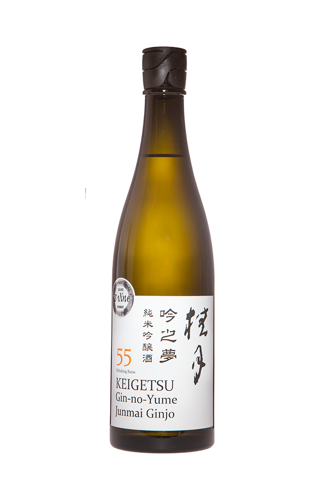 Bottle of Keigetsu Gin-no-Yume Junmai Ginjo sake by JQWS, 720mL, with traditional label and clear glass bottle.