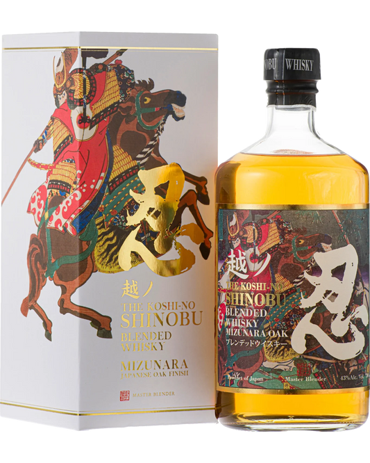 Shinobu Bourbon Base Whisky 700mL bottle by JQWS with 43% ABV, featuring a dark amber liquid in a clear glass bottle.