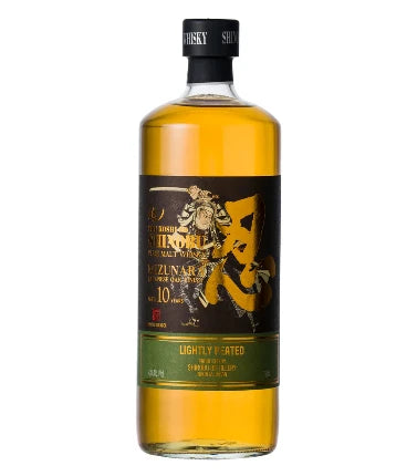 Shinobu Pure Malt Lightly Peated 10-year-old whisky in a 700mL bottle, featuring a rich amber color and smooth texture.