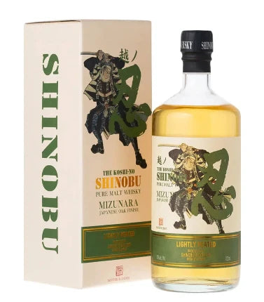 Shinobu Pure Malt Lightly Peated Whisky 700mL bottle from JQWS with a dark label and amber liquid inside.