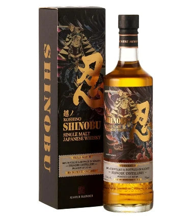 Shinobu Single Malt 1st Batch whiskey in 700ml bottle with 43% ABV from JQWS, featuring amber liquid and whisky label