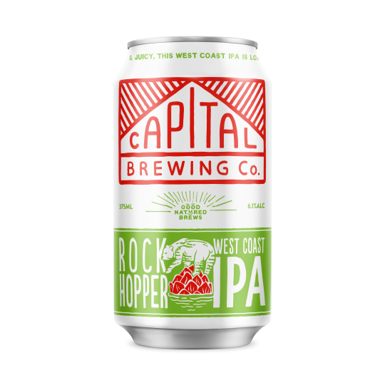 Pack of 24 Capital Brewing Co. Rock Hopper IPA cans, 375ml each, featuring colorful beer can designs and branding.