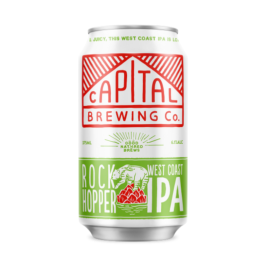 Pack of 24 Capital Brewing Co. Rock Hopper IPA cans, 375ml each, featuring colorful beer can designs and branding.