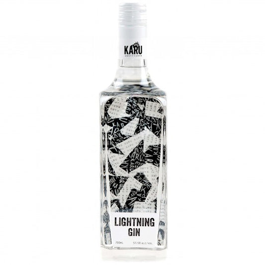 Karu Distillery Lightning Gin 700ml navy strength gin bottle with clear label and dark glass, showcasing the Kaddy-KARU DISTILLERY branding.