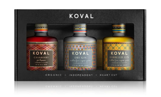 Kaddy-Noble KOVAL Gin 3 Pack with colorful 200ml bottles, limited edition colured gin set featuring vibrant bottle designs.