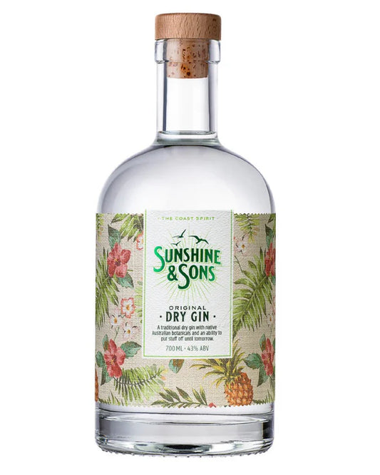 Bottle of Sunshine & Sons Original Dry Gin 700ml by Kaddy-Proof Drinks Australia, with clear label and dark glass bottle.