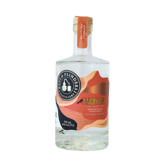 Australian dry gin bottle labeled Bass & Flinders Angry Ant Gin, 700ml, with a distinctive label featuring an angry ant illustration.