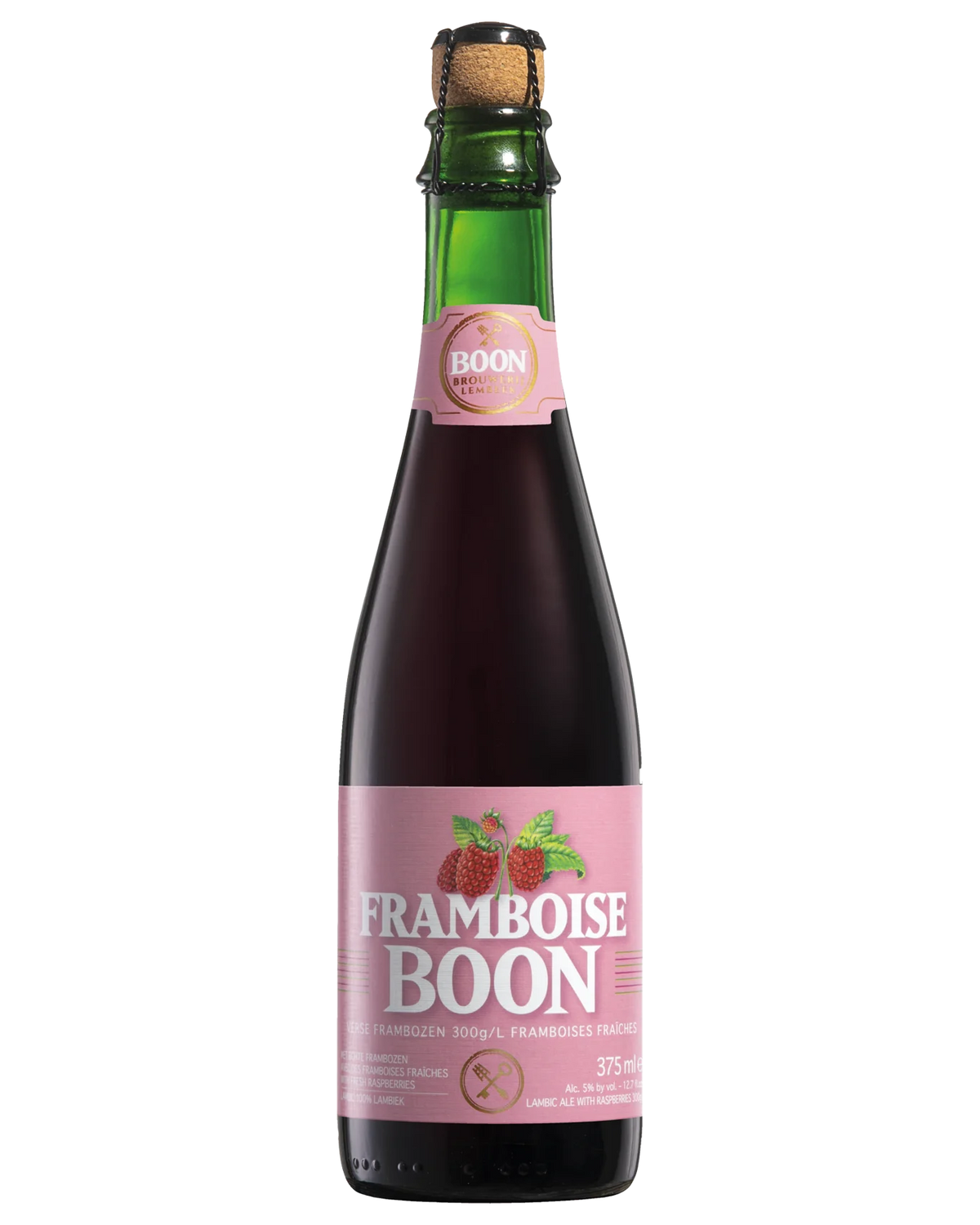 12-pack of LiquorDay Boon Framboise beer bottles, 375ml each, with colorful raspberry-flavored beer labels.