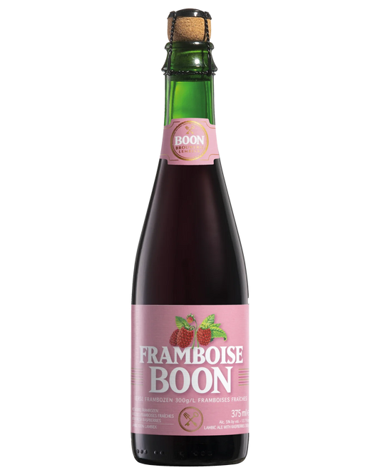 12-pack of LiquorDay Boon Framboise beer bottles, 375ml each, with colorful raspberry-flavored beer labels.