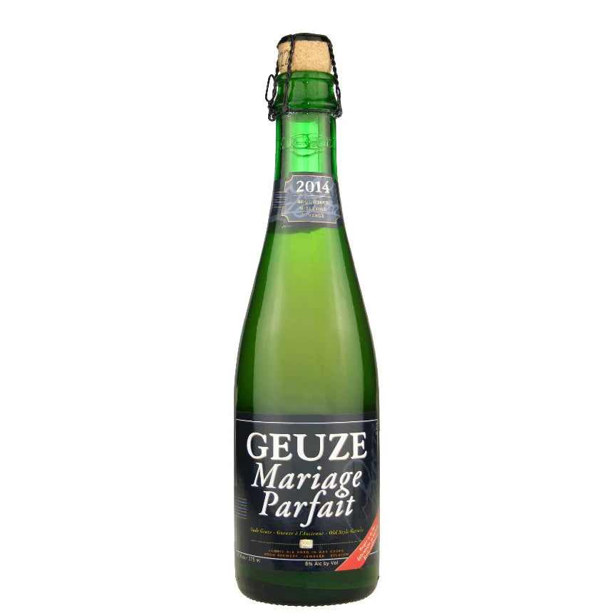 Boon Geuze Mariage Parfait beer bottles, 750ml each, in a 12-pack case, featuring traditional Belgian lambic beer.
