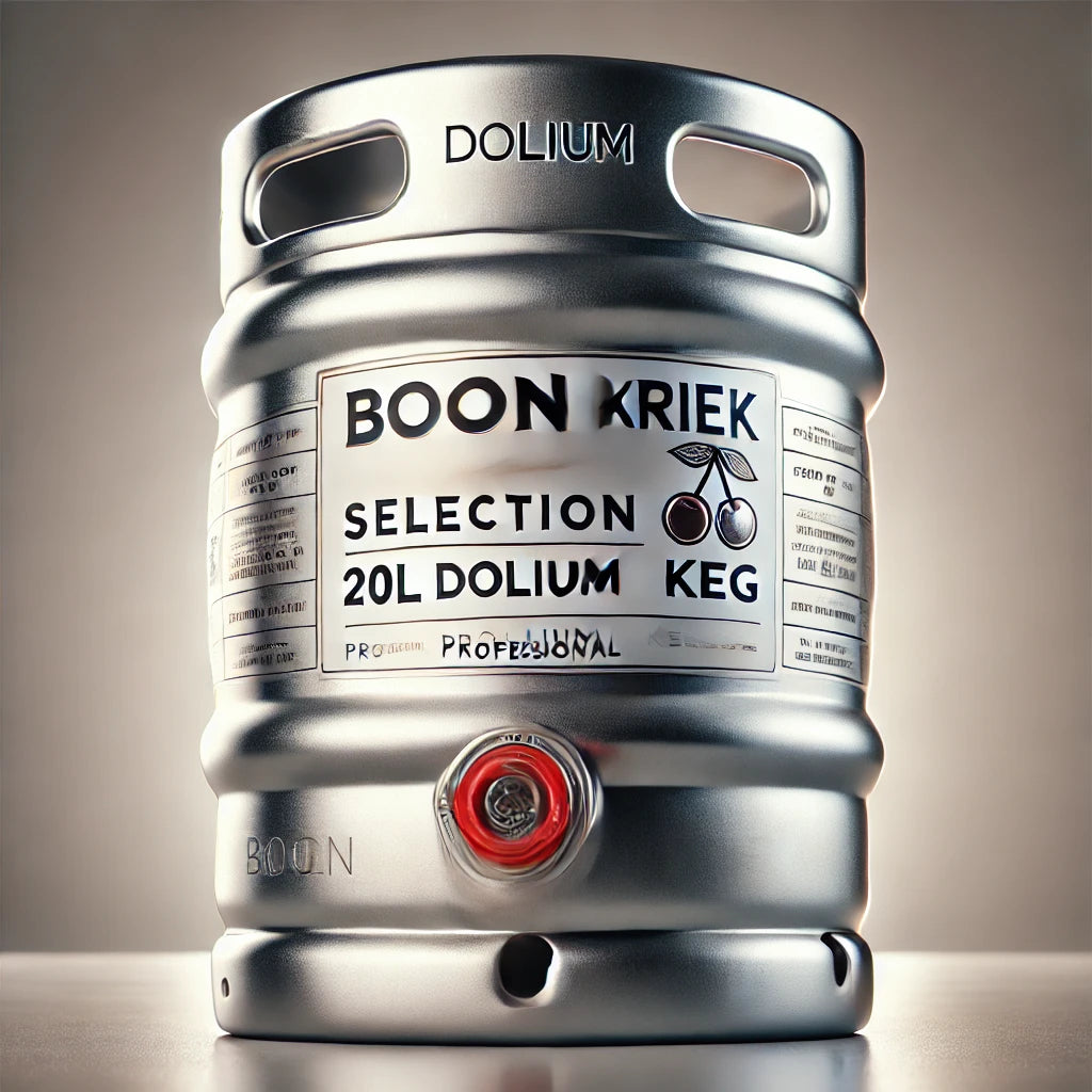 Boon Kriek Selection beer in a 20L Dolium keg by LiquorDay, showcasing the vibrant red cherry-infused beer in the keg.