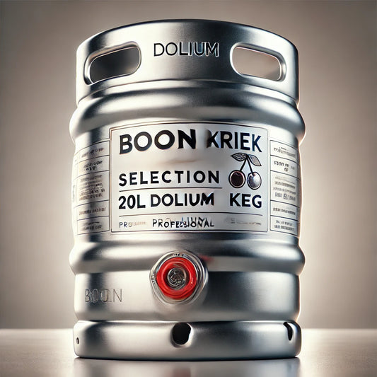 Boon Kriek Selection beer in a 20L Dolium keg by LiquorDay, showcasing the vibrant red cherry-infused beer in the keg.
