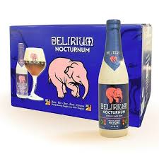 Case of 24 LiquorDay Delirium Nocturnum 330ml beer bottles with colorful labels on a white background.