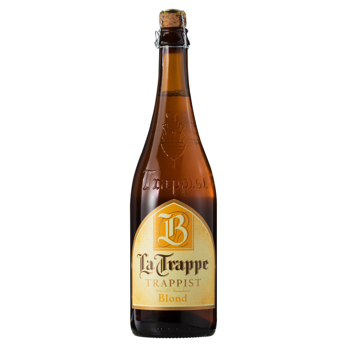 Six bottles of La Trappe Blond beer in 750ml bottles, stacked in a case, from LiquorDay.
