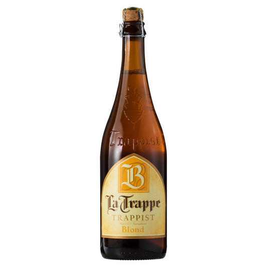 Six bottles of La Trappe Blond beer in 750ml bottles, stacked in a case, from LiquorDay.