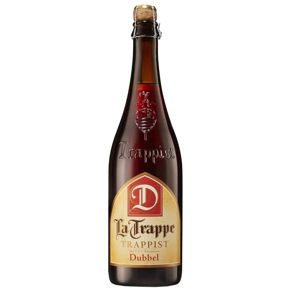 Six bottles of La Trappe Dubbel beer in 750ml bottles, arranged in a case, from LiquorDay.