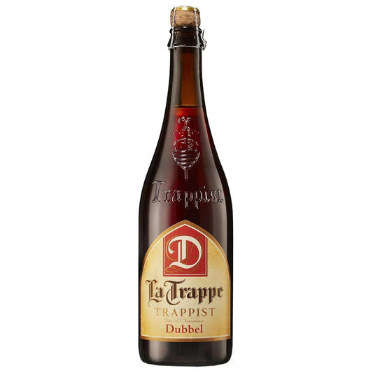 Six bottles of La Trappe Dubbel beer in 750ml bottles, arranged in a case, from LiquorDay.
