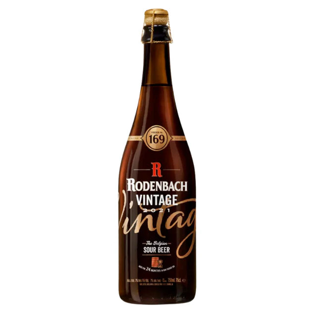 Six bottles of Rodenbach Vintage 2021 beer in a 750ml case by LiquorDay, featuring dark amber color and label details.