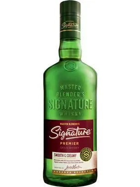 Bottle of LiquorDay Signature Blended Indian Whisky, 750ml, with a dark label and gold accents, on a wooden surface.