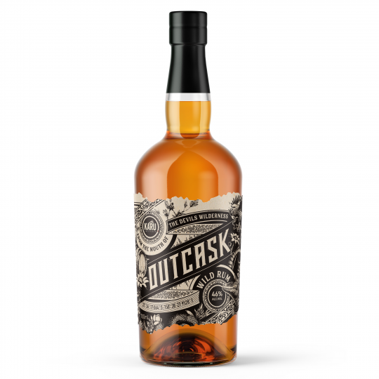 Dark Karu Distillery Outcask Rum in 700ml bottle, featuring deep amber color and rich, smooth texture.