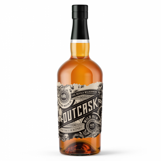 Dark Karu Distillery Outcask Rum in 700ml bottle, featuring deep amber color and rich, smooth texture.