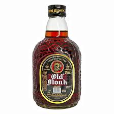 Old Monk dark rum in a 375mL bottle by LiquorDay, showcasing a rich, amber-colored liquor in a clear glass bottle.