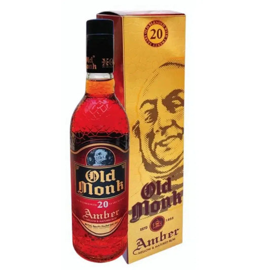 Bottle of LiquorDay Old Monk Amber Dark Rum 750mL with distinctive label and amber-colored liquid inside.